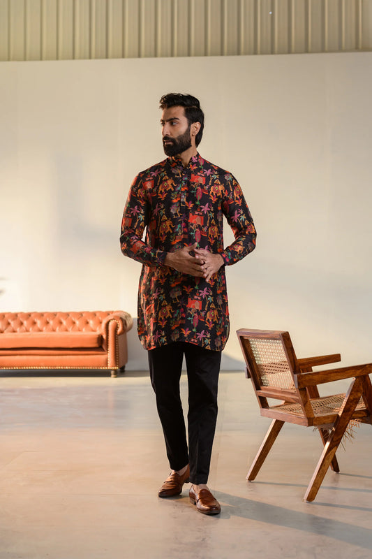 Elephant Black - Russian Silk - Kurta For Men