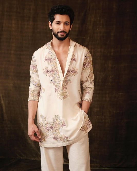 Ivory Embroidered Kurta pajama Set for Men