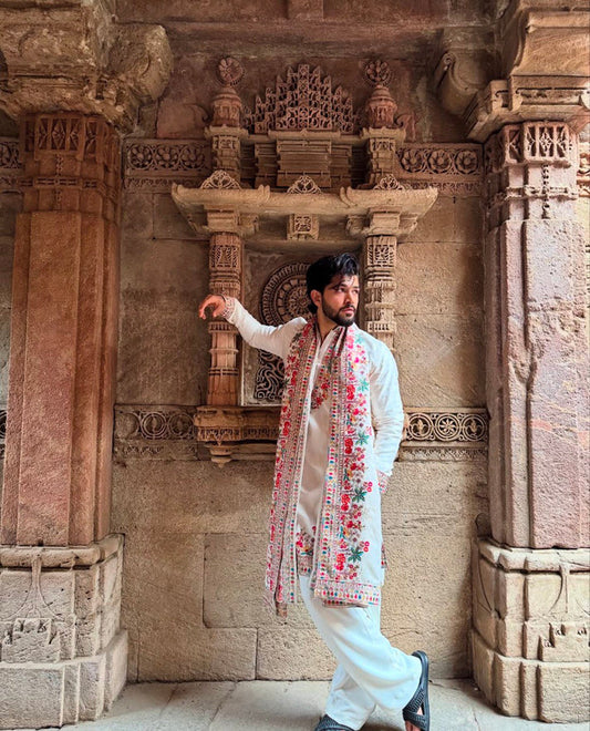 White and Multi Kashmiri Work Kurta Set