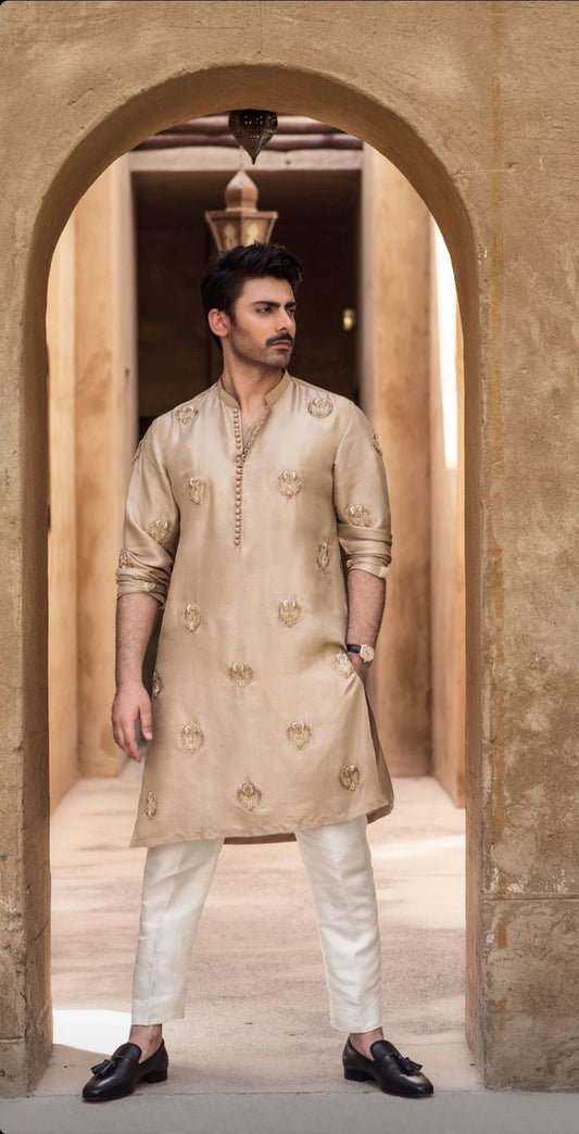 Men's Cream Butta Embroidered Work Kurta