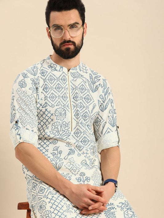 Bandhani Printed Men's White Kurta