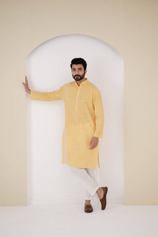 Yellow Stripe Printed Kurta