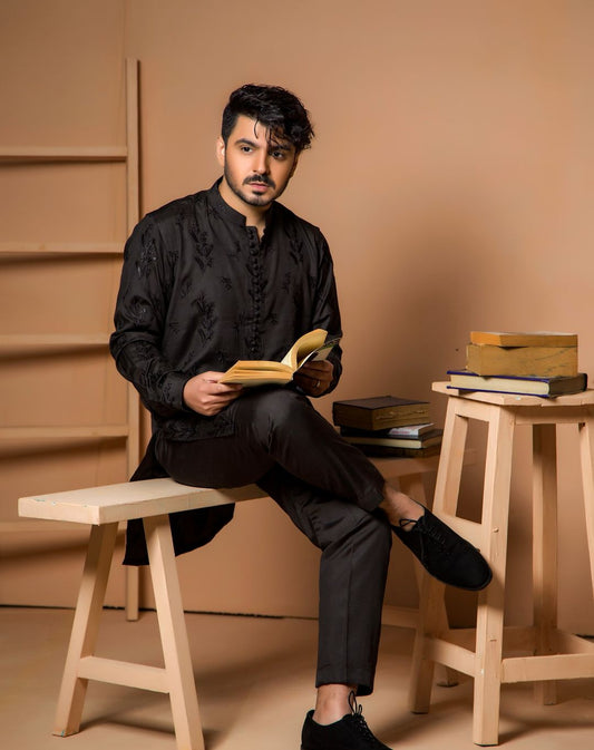 Men's Black Embroidered Work Kurta