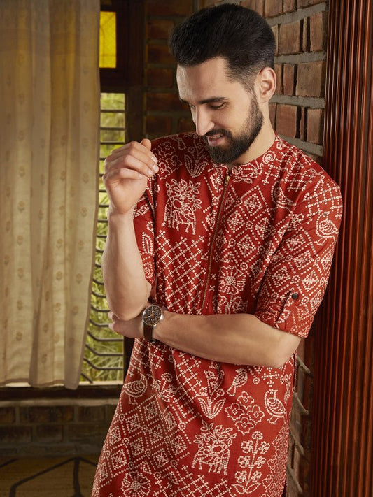 Men's Brown Bandhani Printed Kurta