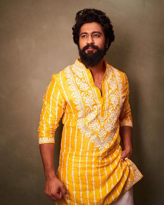 Vicky Kaushal Traditional Yellow Printed Kurta