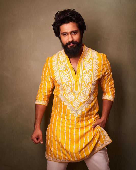 Vicky Kaushal Traditional Yellow Printed Kurta