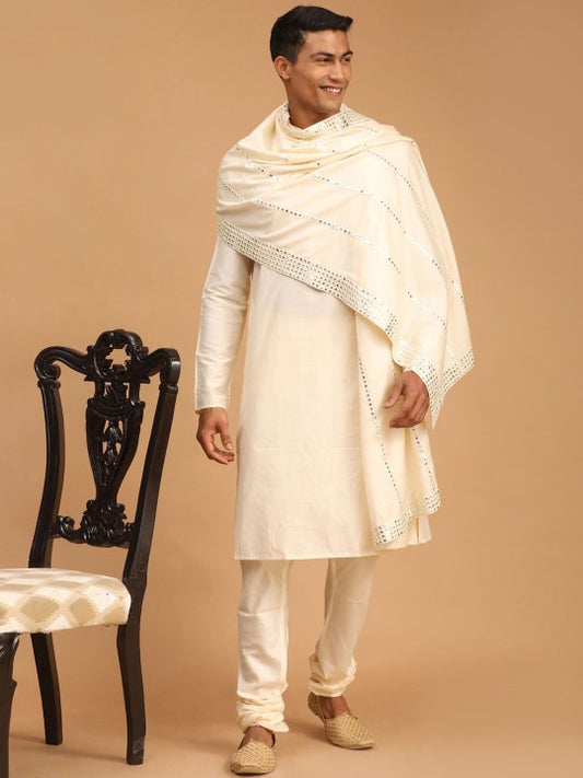 Men Cream Kurta With Churidar & With Mirror Work Dupatta