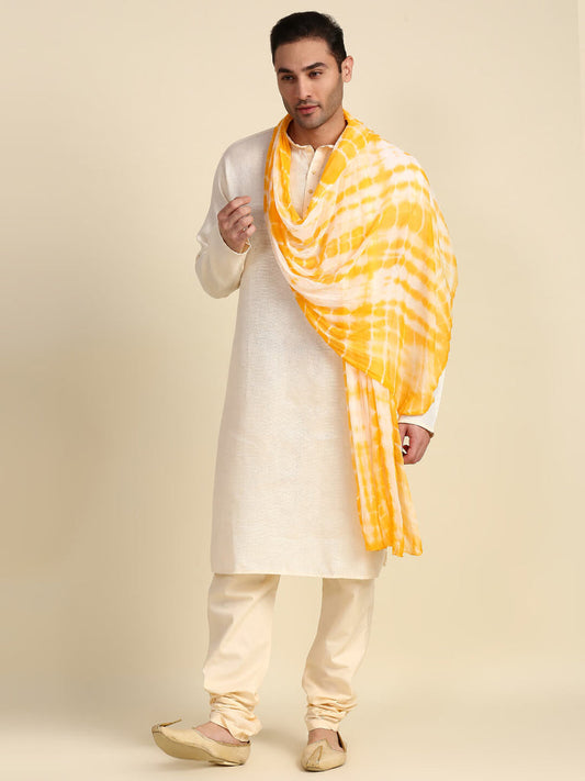 Men's Shibori Printed Yellow & White Dupatta for Kurta/Sherwani
