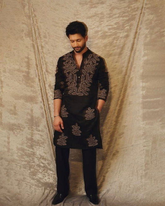BLACK EMBROIDERED DORI Men Ethnic Wear Kurta