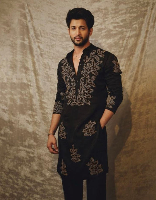 BLACK EMBROIDERED DORI Men Ethnic Wear Kurta
