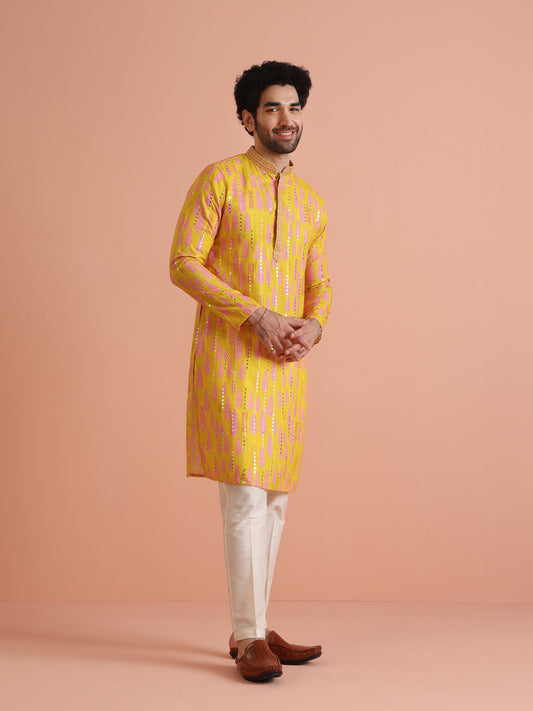 Men's Yellow Embroidered Work Kurta