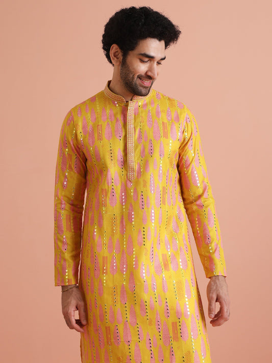 Men's Yellow Embroidered Work Kurta