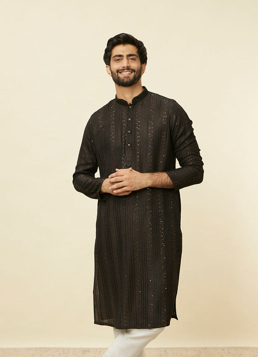 Midnight Black Linear Patterned Kurta