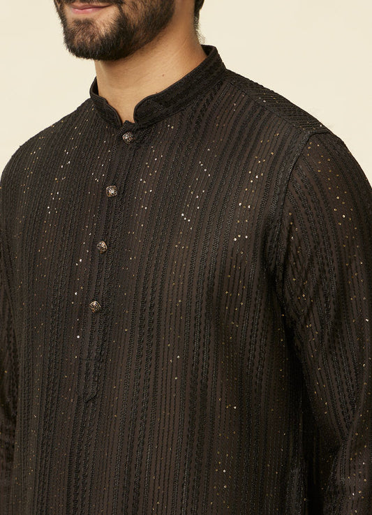 Midnight Black Linear Patterned Kurta