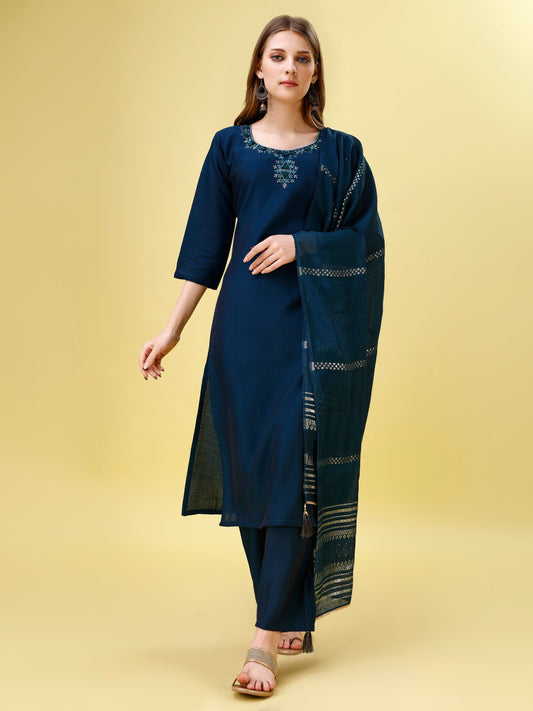 Blue Real Mirror Work Kurta With Pent & Dupatta Set