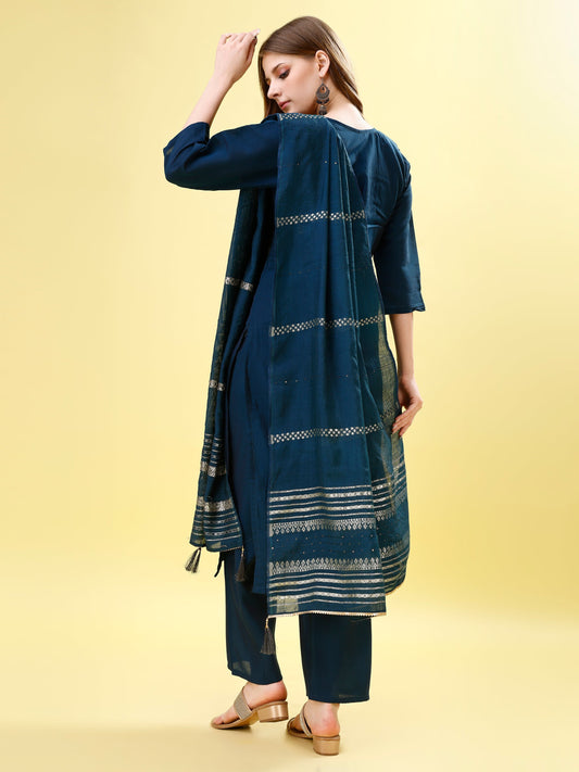 Blue Real Mirror Work Kurta With Pent & Dupatta Set