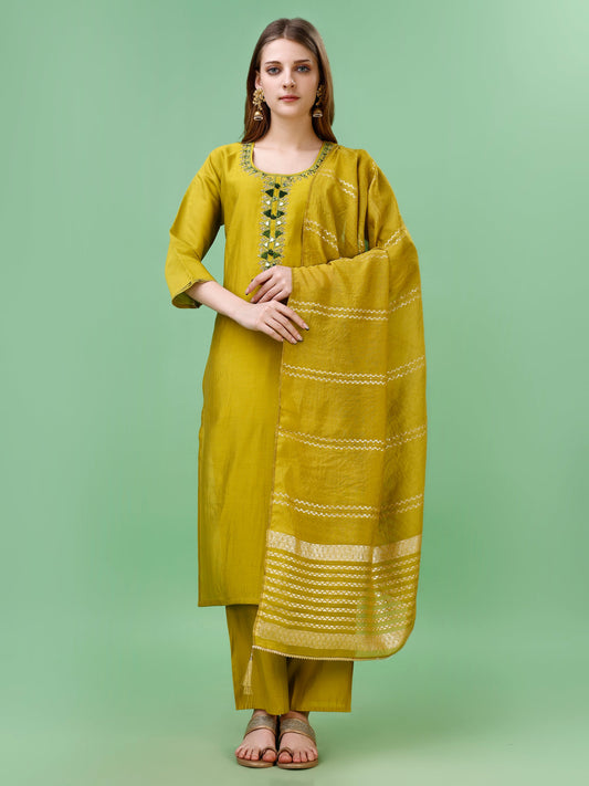 Yellow Real Mirror Work Kurta With Pent & Dupatta Set