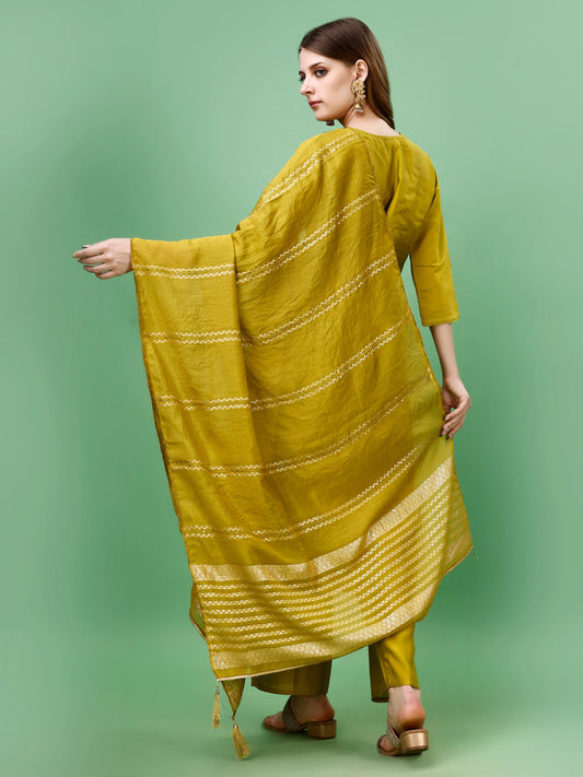 Yellow Real Mirror Work Kurta With Pent & Dupatta Set