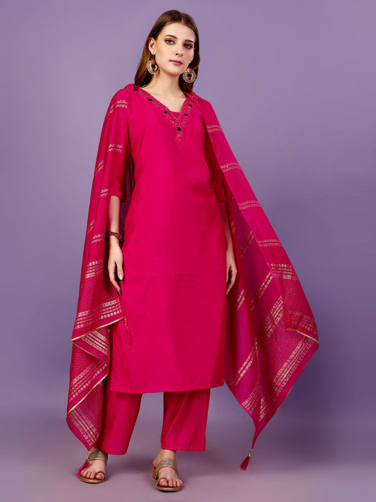 PINK EMBROIDERY WORK KURTA, PANT & JACQUARD DUPATTA SET