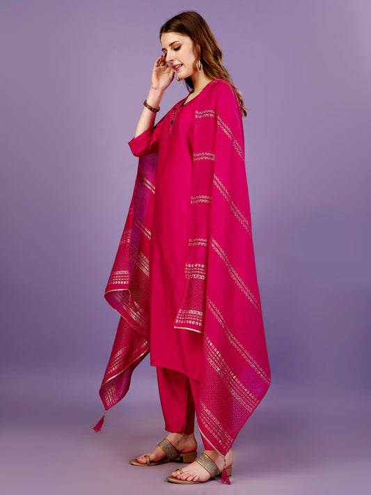 PINK EMBROIDERY WORK KURTA, PANT & JACQUARD DUPATTA SET