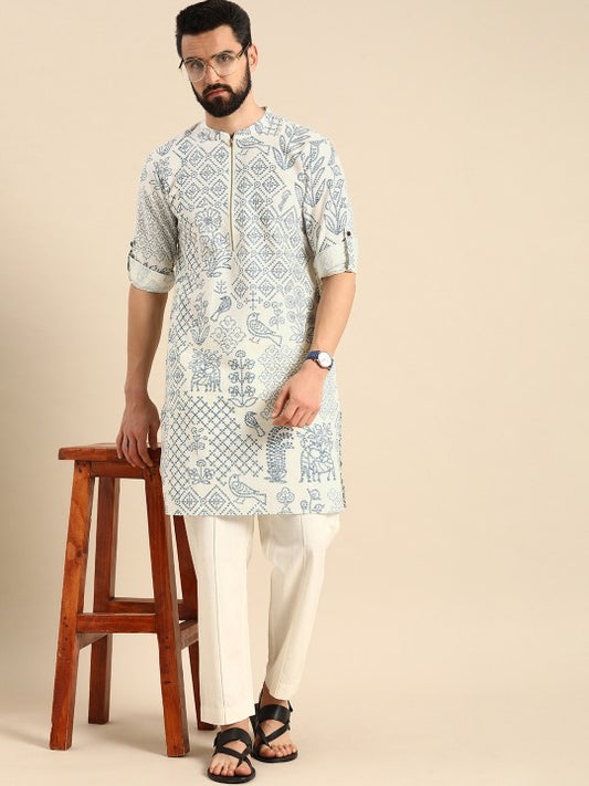 Bandhani Printed Men's White Kurta