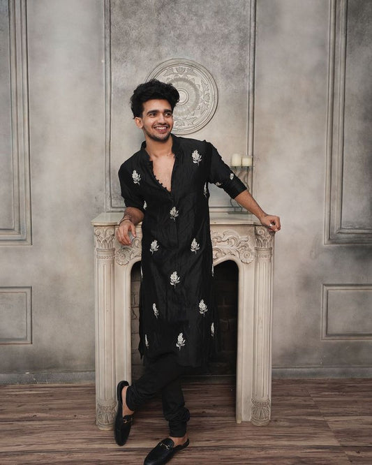 Men's Black Flower Embroidered Work Kurta