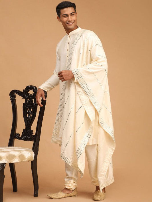 Men Cream Kurta With Churidar & With Mirror Work Dupatta