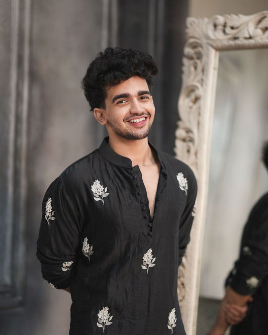 Men's Black Flower Embroidered Work Kurta