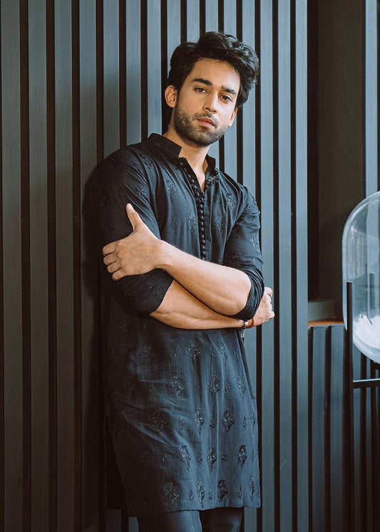 Men's Designer Embroidery Work Black Kurta