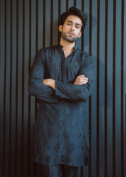 Men's Designer Embroidery Work Black Kurta