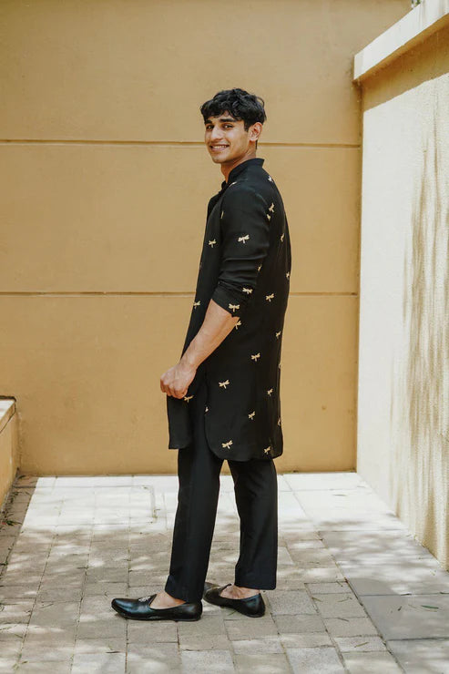 Black Dragonfly Embroidery Work Wedding Kurta