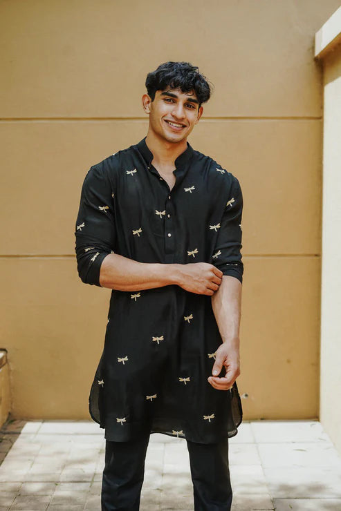 Black Dragonfly Embroidery Work Wedding Kurta