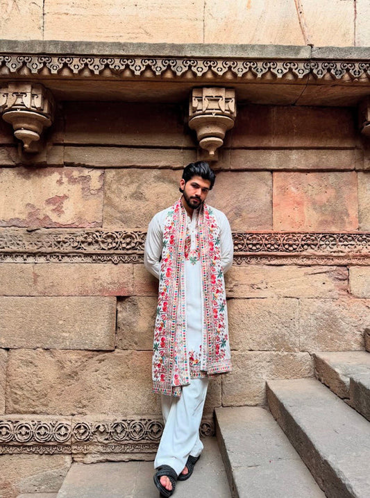 White and Multi Kashmiri Work Kurta Set
