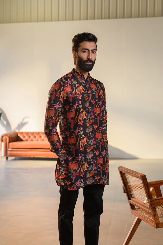 Elephant Black - Russian Silk - Kurta For Men