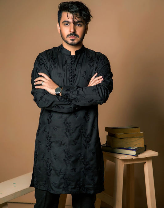 Men's Black  Embroidered Work Kurta